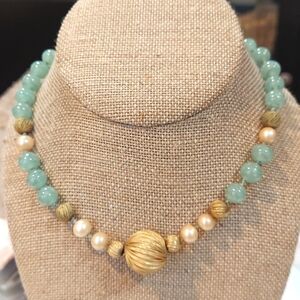 Les Bernard Necklace, Tagged, Pearls, Mint Green and Fluted‎ goldtone Beads